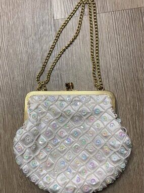 Vintage Beaded Mermaid Tail Clutch | Gold Tone Chain | Twist Lock Evening Bag